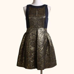 TIBI Metallic Gold and Navy Jacquard Sleeveless Silk Blend Mini Dress w/ Tags
